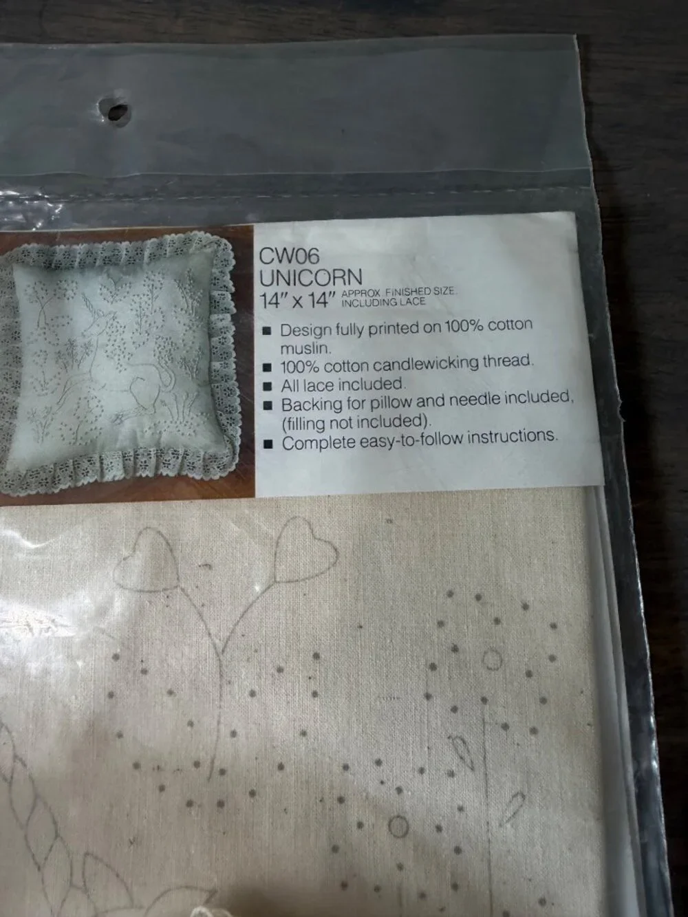 New Sealed Vintage Candlewick Pillow Kit Unicorn Design Lace Edge